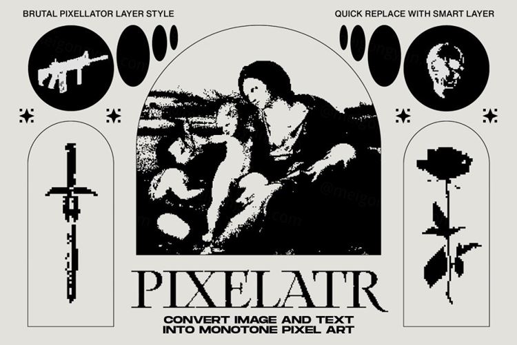 复古蒸汽波超酷游戏影像图片像素化效果一键生成PSD模板 Ev