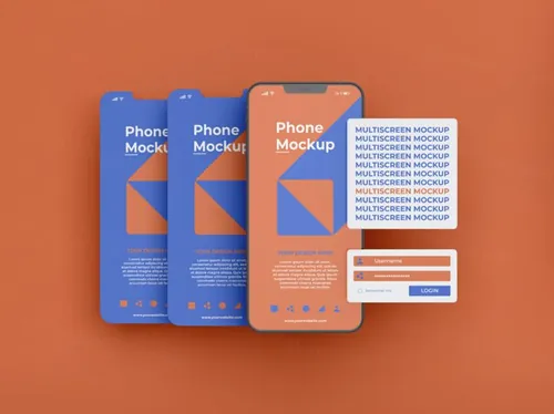高质量手机多屏卡片式界面UI展示APP设计提案样机PSD模板素材