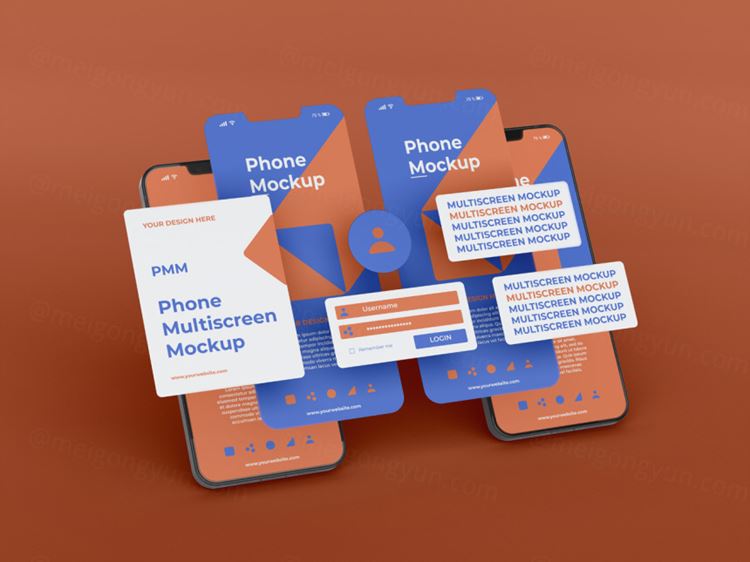 高质量手机多屏卡片式界面UI展示APP设计提案样机PSD模板素材