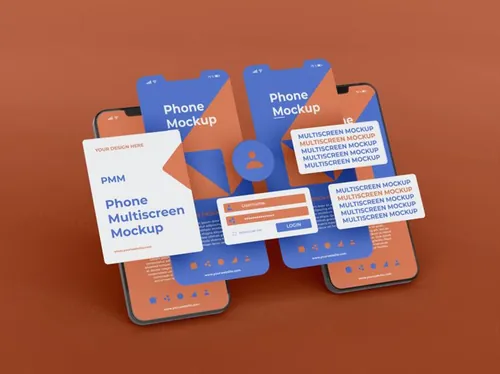 高质量手机多屏卡片式界面UI展示APP设计提案样机PSD模板素材