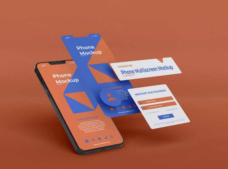 高质量手机多屏卡片式界面UI展示APP设计提案样机PSD模板素材