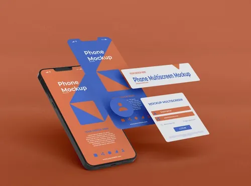 高质量手机多屏卡片式界面UI展示APP设计提案样机PSD模板素材