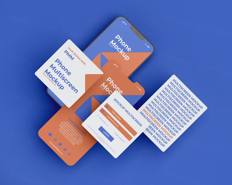 高质量手机多屏卡片式界面UI展示APP设计提案样机PSD模板素材