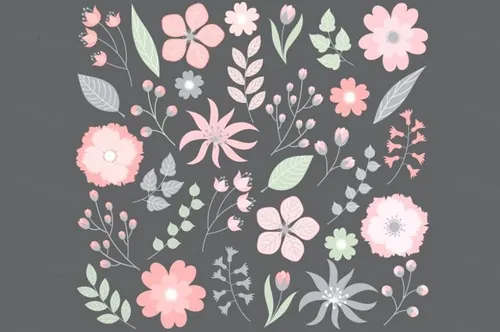 美丽浪漫的粉笔彩绘花卉树叶元素 Pastel Floral Set