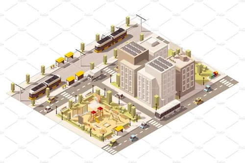 矢量等距城市街道图标Vector isometric low poly commuter town infrastructure