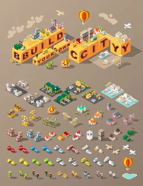 2.5D等距等轴立体城市建筑矢量组合元素