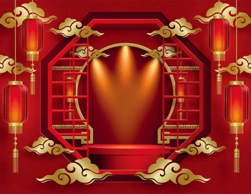 牛年东方传统剪纸风格工艺结合立体产品圆台中国新年背景元素贺卡传单海报模板素材