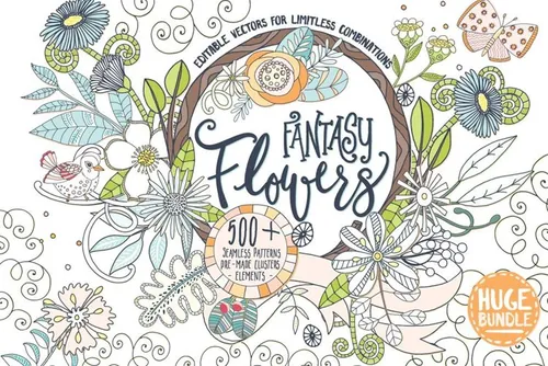 梦幻手绘花卉植物蝴蝶背景矢量插图 Fantasy Flowe