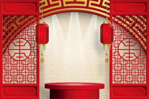 牛年东方传统剪纸风格工艺结合立体产品圆台中国新年背景元素贺卡传单海报模板素材