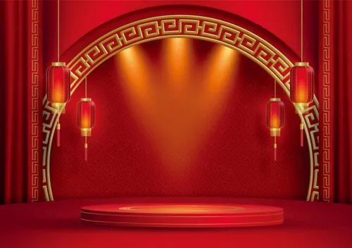 牛年东方传统剪纸风格工艺结合立体产品圆台中国新年背景元素贺卡传单海报模板素材