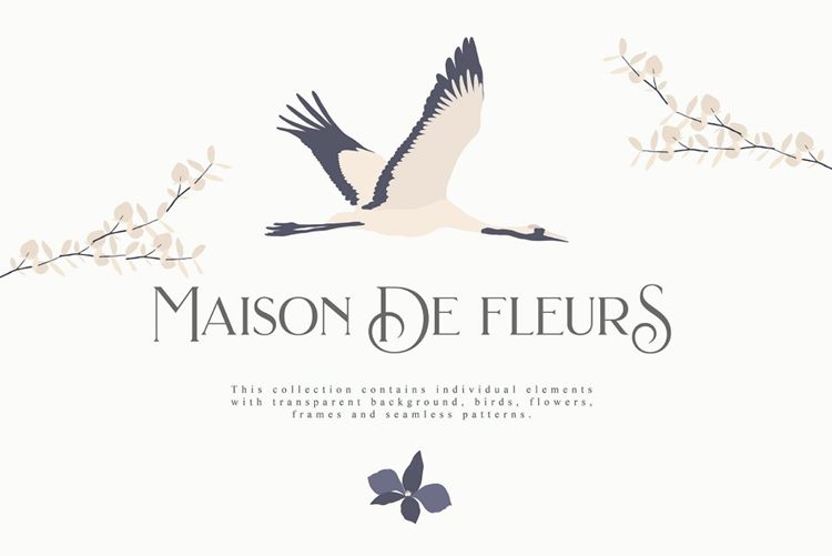 浪漫主题矢量植物仙鹤插画素材 Maison-de-Fleur