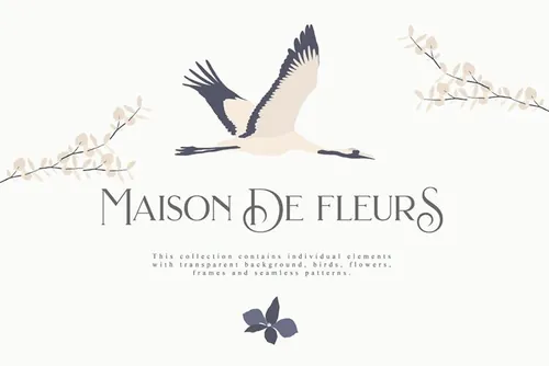 浪漫主题矢量植物仙鹤插画素材 Maison-de-Fleur