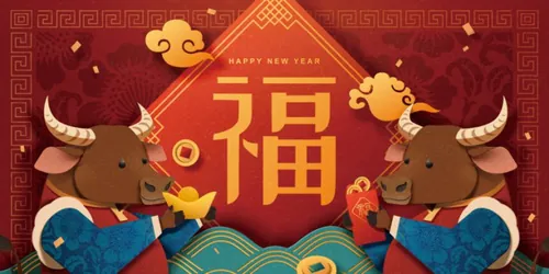 2021年中国牛年剪纸风传统经典复古新年EPS矢量插画贺卡红色背景海报横幅素材