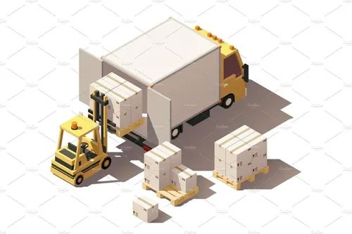 矢量等距卡车装货车图标Vector isometric forklift loading box truck with crate...