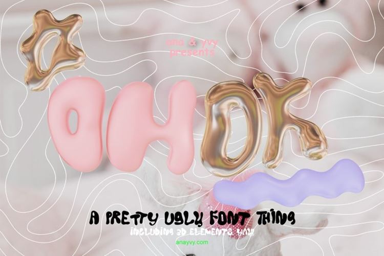 潮流酸性艺术镀铬金属气泡液体英文海报设计装饰字体 ok co