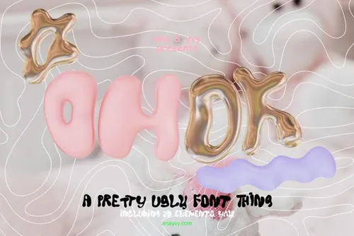 潮流酸性艺术镀铬金属气泡液体英文海报设计装饰字体 ok co