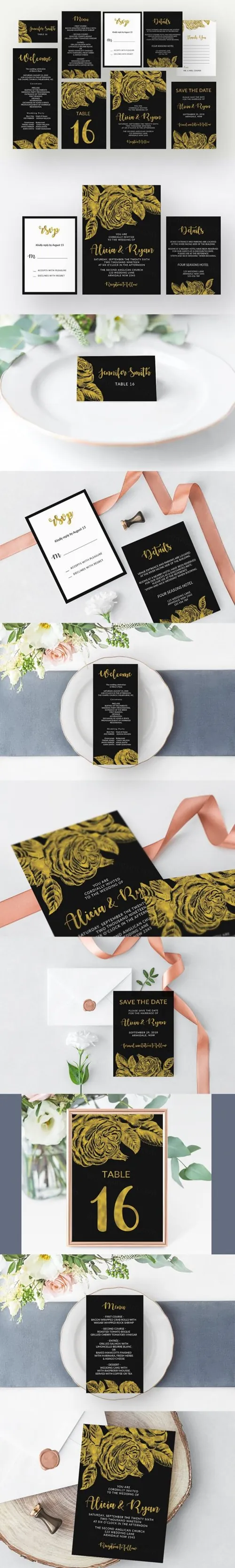 高贵奢华金玫瑰图案婚礼邀请函模板合集 Gold roses flower black invitation