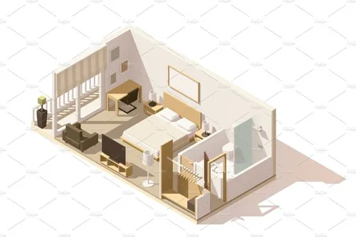 矢量等距酒店房间剖面图标Vector isometric low poly hotel room icon