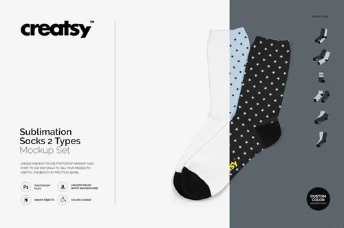 高品质多角度运动长袜贴图展示样机模板 Sublimation Socks 2 Types Mockup Set