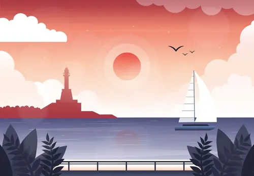 海平面帆船日出矢量插图Vector Nature Landscape Illustration