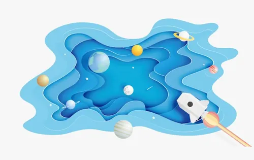 纸火箭和太阳系纸艺术柔和色调背景EPS矢量插图Paper rocket and solar system