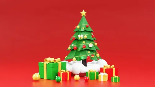 红色圣诞树新年礼物圣诞节装饰元素3D渲染合成高清背景 3d rendering of a christmas