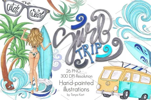 抽象热带海滩元素插画 Surf Trip Hand-painted Collection