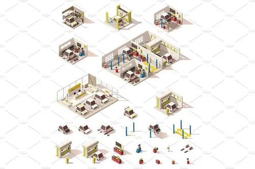 矢量等距汽车服务中心图标Vector isometric low poly car icon set