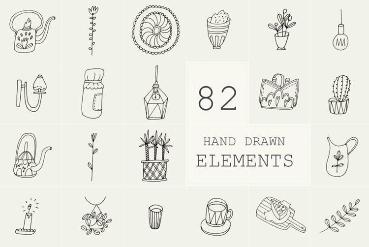 82个手绘涂鸦厨房家用水壶杯子徽标LOGO装饰矢量元素 Ha