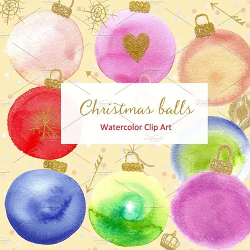 手绘水彩圣诞球装饰素材 Christmas-balles.-