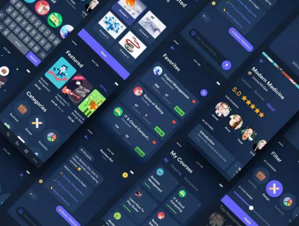 UI KITS | 50个屏幕教育应用程序工具包矢量元素黑白两色系