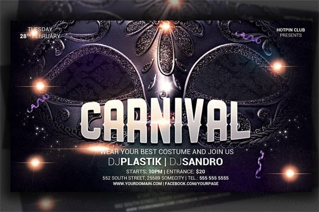 狂欢节面具化妆舞会和狂欢节派对传单海报 Carnival and Mardi