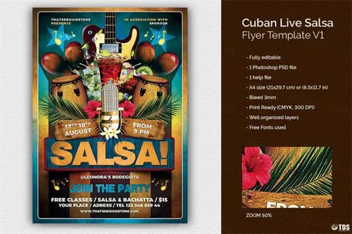 古巴风格的活动海报模版 Cuban Live Salsa Flyer