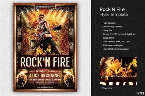 摇滚音乐海报模版 Rock’N Fire Live Flyer