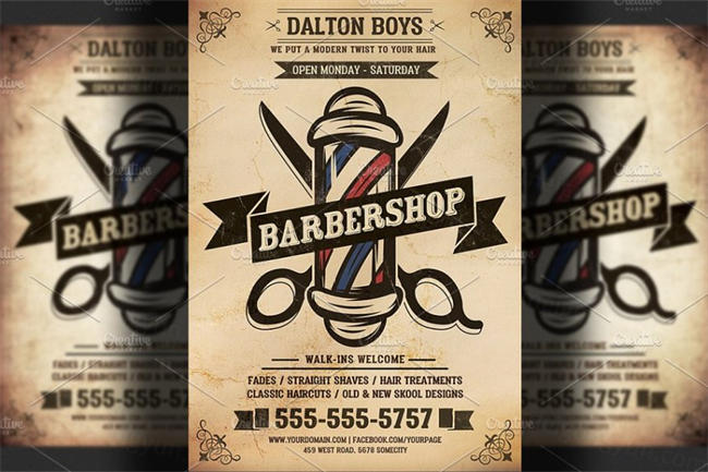 经典的理发店海报模版 Vintage Barber Shop Flyer Template