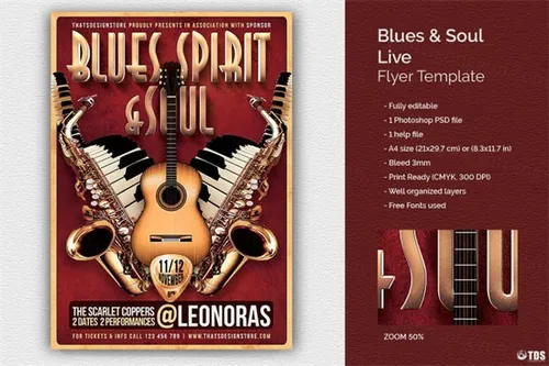 蓝调和灵魂音乐会海报 Blues and Soul Live Flyer