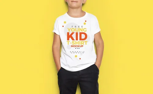 儿童T恤短袖模型PSD贴图模板Free Young Kid T-Shirt MockUp PSD