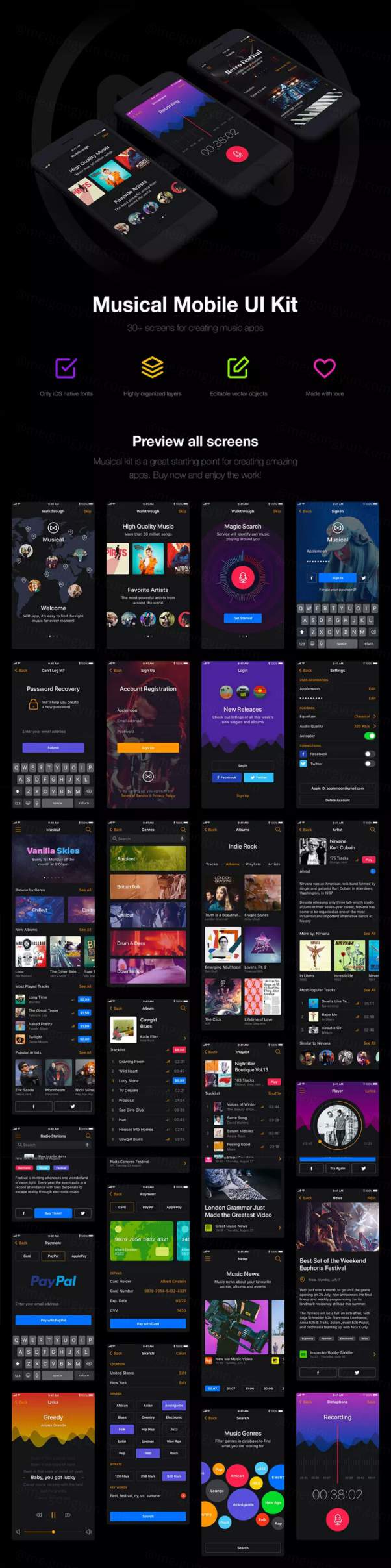 黑色高逼格的音乐APP UI KITS套装下载[Sketch,XD,P