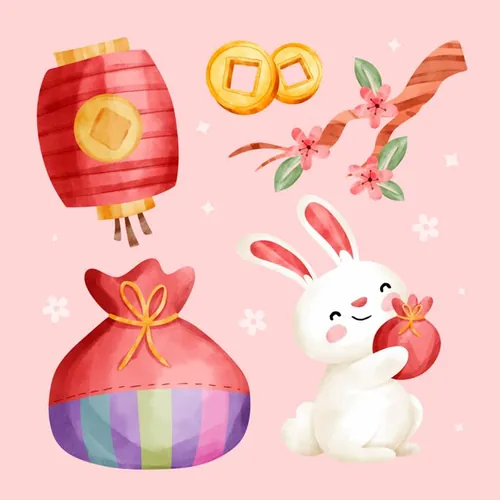 水彩手绘2023年中国新年生肖兔年东方传统节日促销宣传海报招