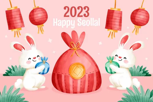 水彩手绘2023年中国新年生肖兔年东方传统节日促销宣传海报招