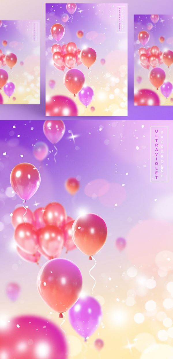 浪漫紫色透明彩色气球气泡节日生日宴会婚礼背景海报PSD设计素材