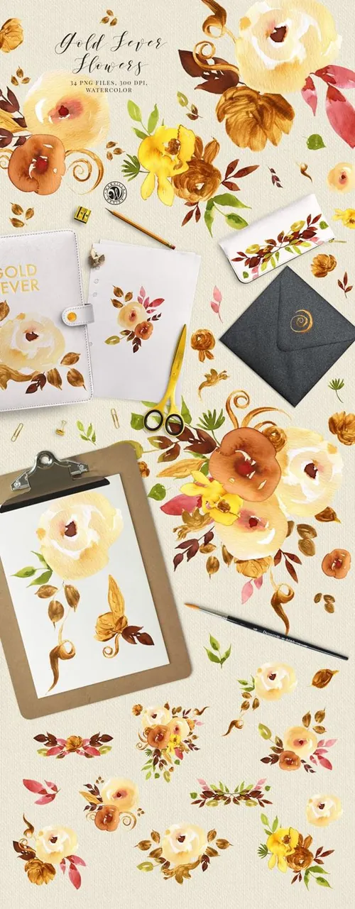 金色手绘水彩画插画 Gold Fever Flowers