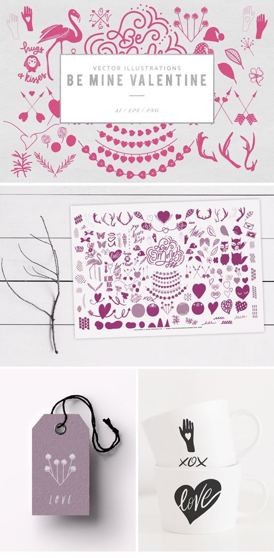 情人节粉色手绘矢量图形 Be Mine Valentine