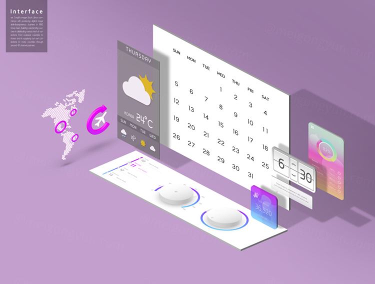 超现代立体日历天气三维概念元素分离网页UI界面设计展示样机PSD模板素材