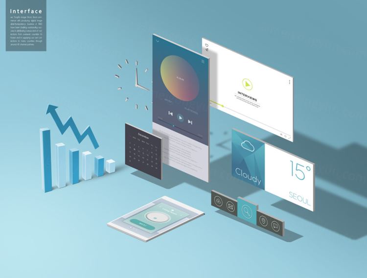 超现代立体三维概念元素分离网页UI界面设计展示样机PSD模板素材