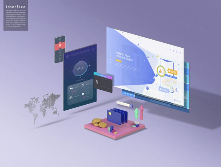 超现代立体三维概念元素分离网页UI界面设计展示样机PSD模板素材