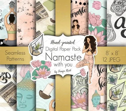 瑜伽经典合十礼动作数字纸张插画设计 Namaste Digi