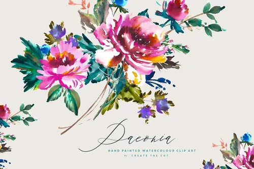 复古手绘水彩白芍花卉剪贴画 Hand Painted Cli