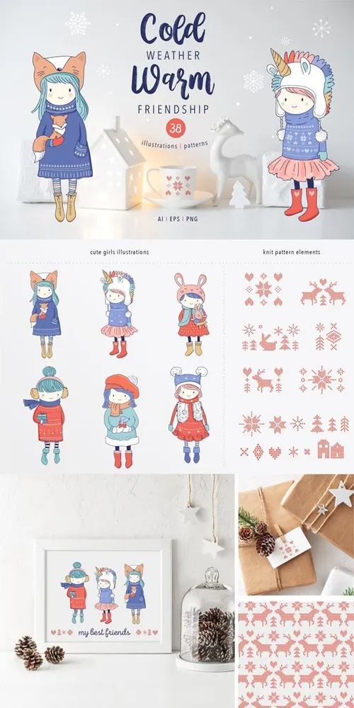 可爱的卡通冬装女孩手绘插画 Cold weather , W