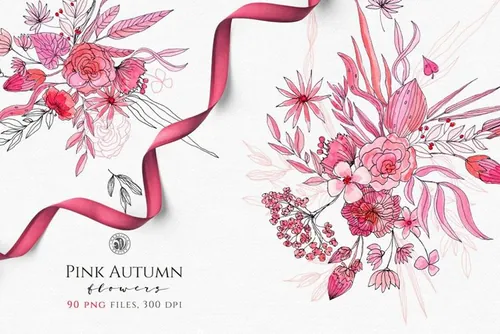 粉红水墨秋季水彩花卉插画 Pink Autumn Flowe